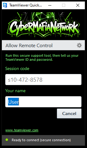CyberMafiaNetwork QuickSupport window showing the session code and customer name fields